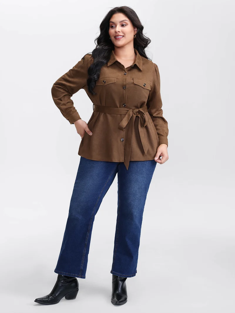 Suede Open-Front Belted Long Shirt