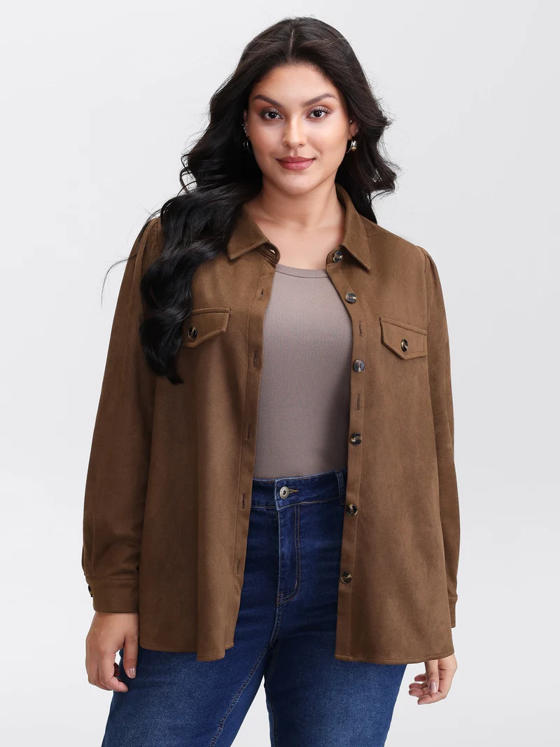 Suede Open-Front Belted Long Shirt