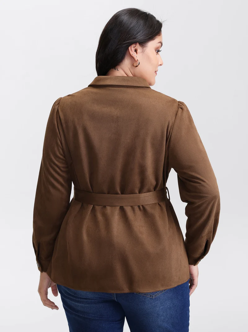 Suede Open-Front Belted Long Shirt