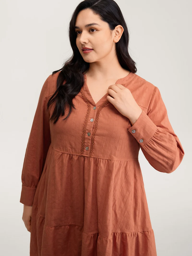 Cotton Textured Button Tiered Knee Dress