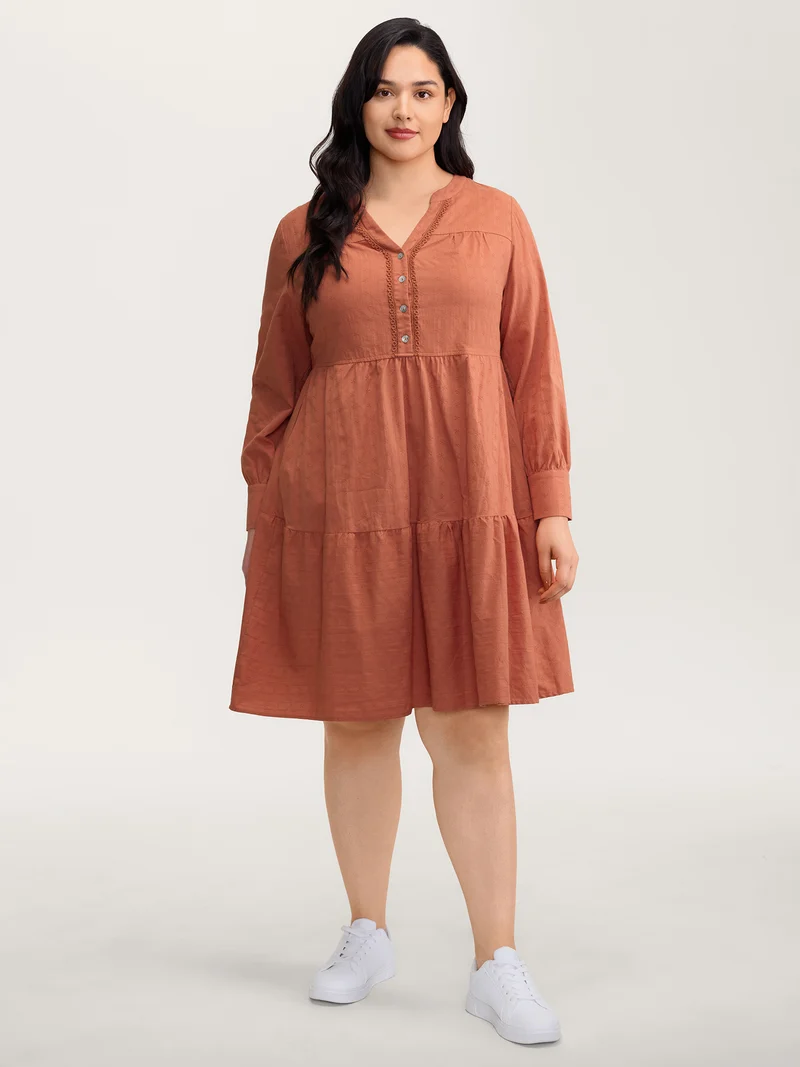 Cotton Textured Button Tiered Knee Dress