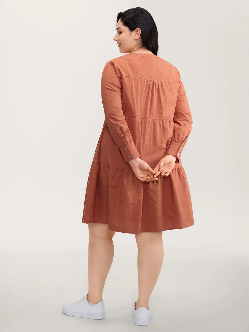 Cotton Textured Button Tiered Knee Dress