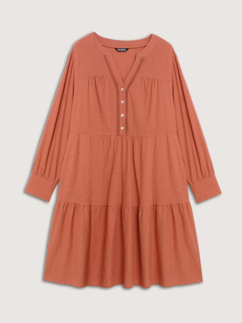 Cotton Textured Button Tiered Knee Dress