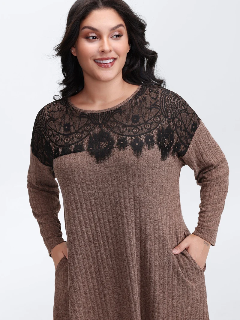 Heather Lace Ribbed Pockets Midi Dress