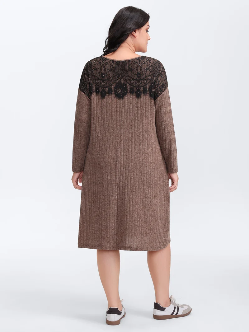 Heather Lace Ribbed Pockets Midi Dress