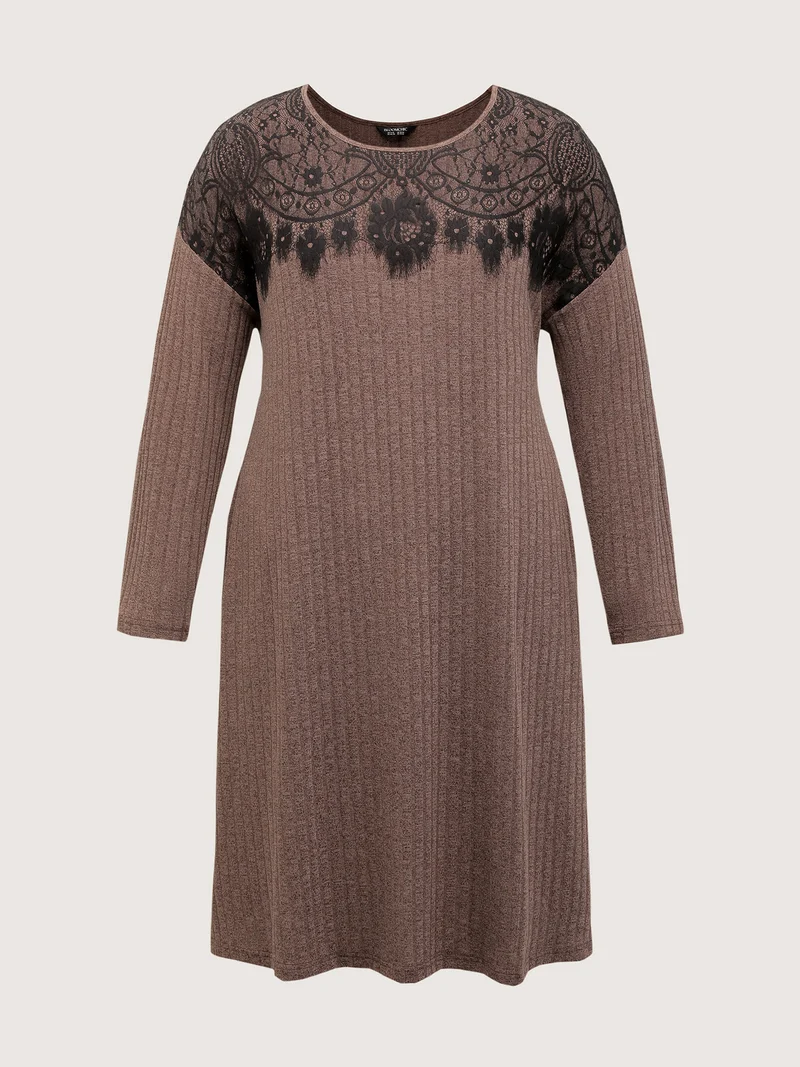 Heather Lace Ribbed Pockets Midi Dress