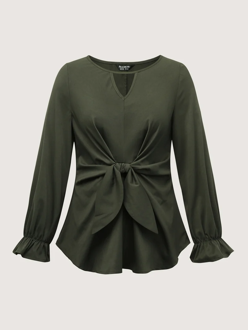 Knotted-Front Stretch Cuff Sleeve Blouse