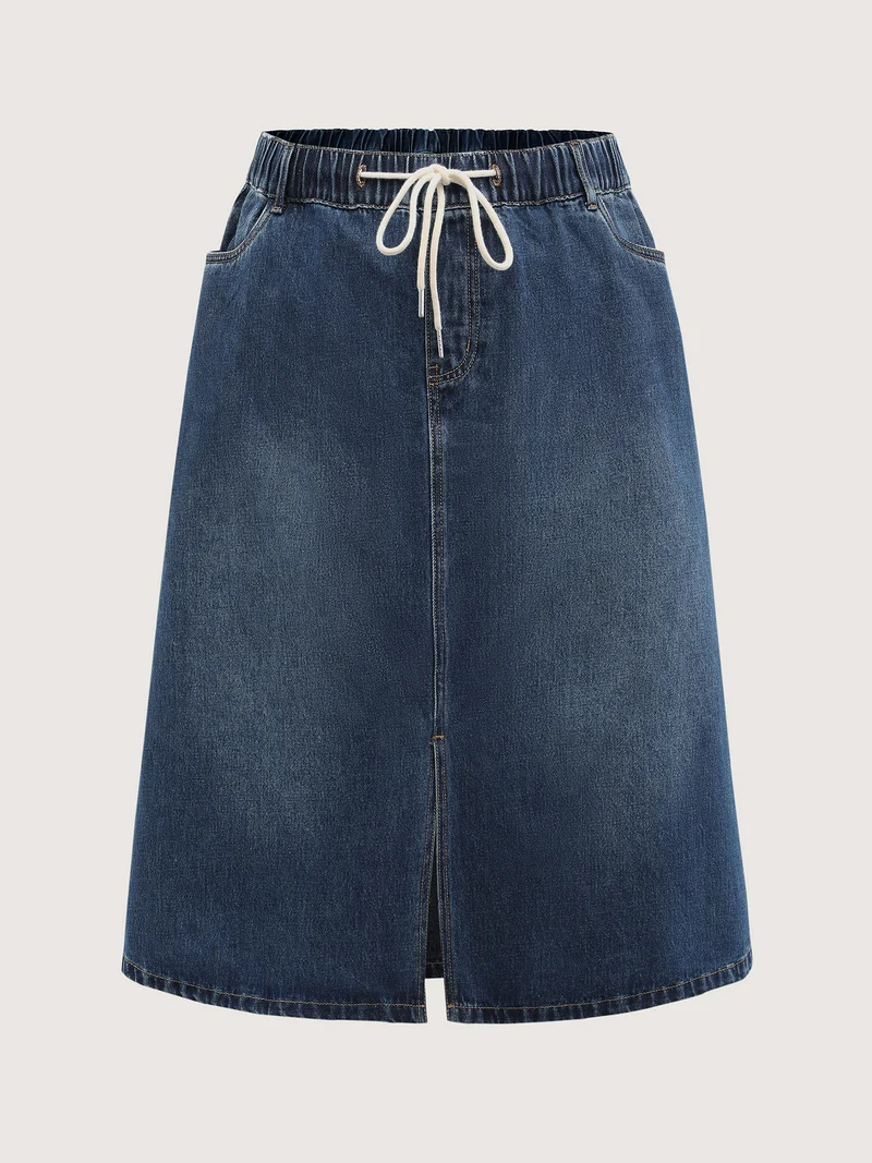 Drawstring Front Slit Stretchy Waist Midi Denim Skirt