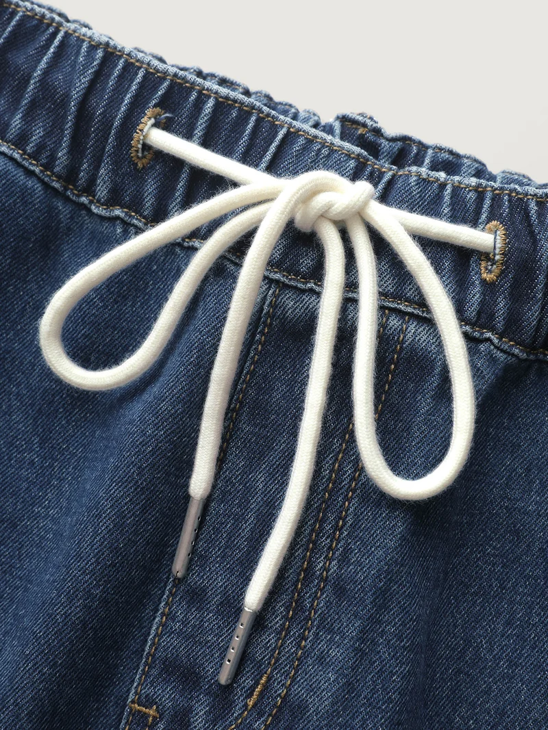Drawstring Front Slit Stretchy Waist Midi Denim Skirt