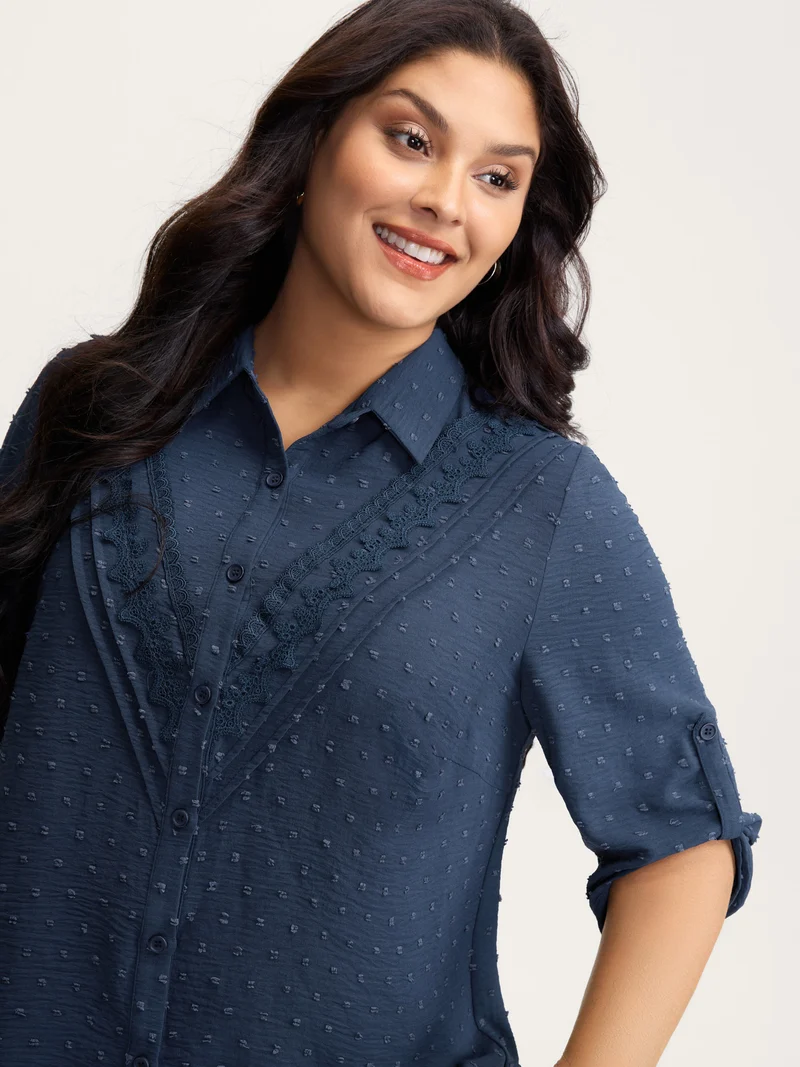Textured Lace Trim Button-Down Shirt