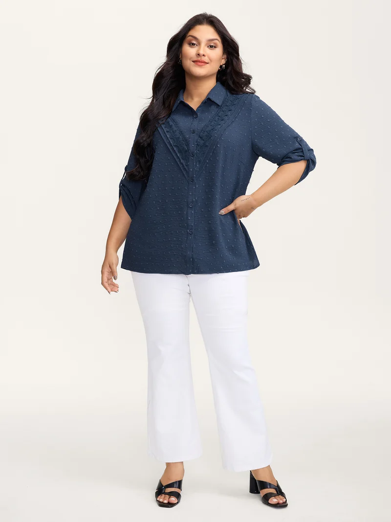 Textured Lace Trim Button-Down Shirt