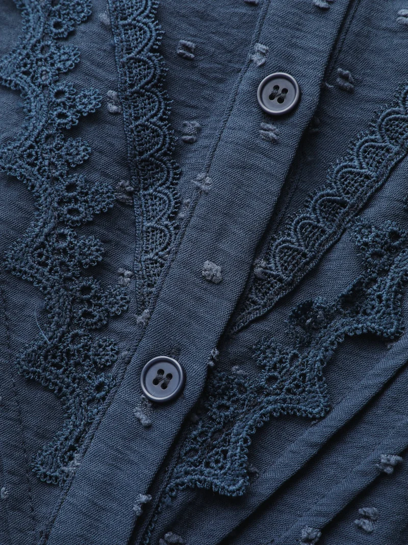 Textured Lace Trim Button-Down Shirt