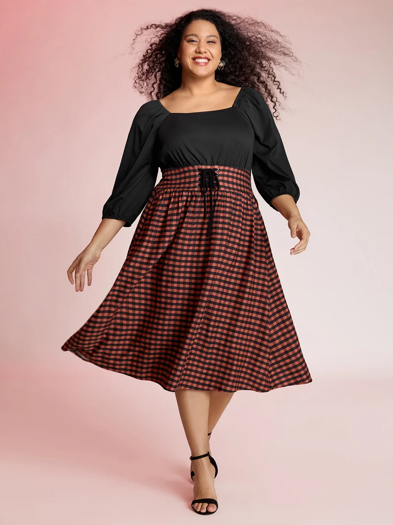 Halloween Plaid Print Crosstie Contrast Midi Dress