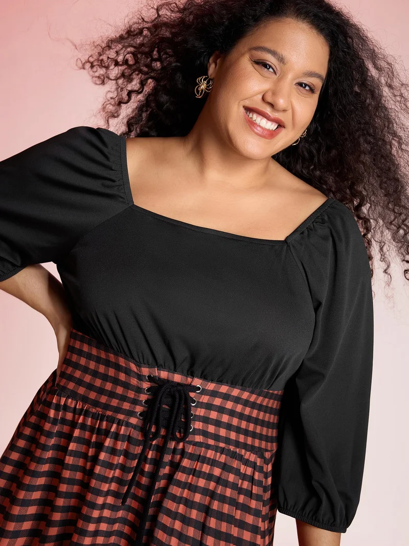 Halloween Plaid Print Crosstie Contrast Midi Dress