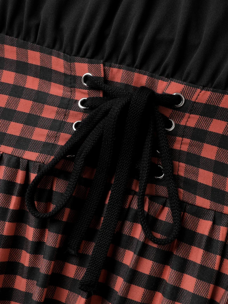 Halloween Plaid Print Crosstie Contrast Midi Dress