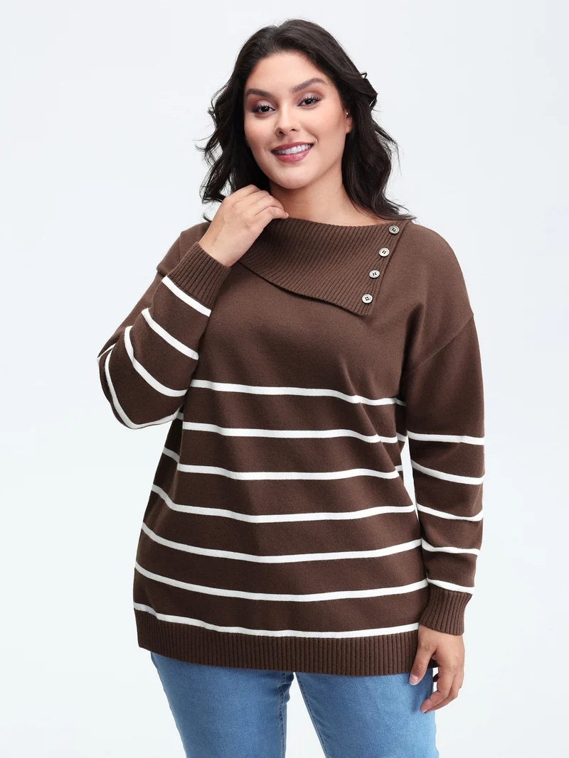 Supersoft Stripe Asymmetrical Collar Contrast Pullover