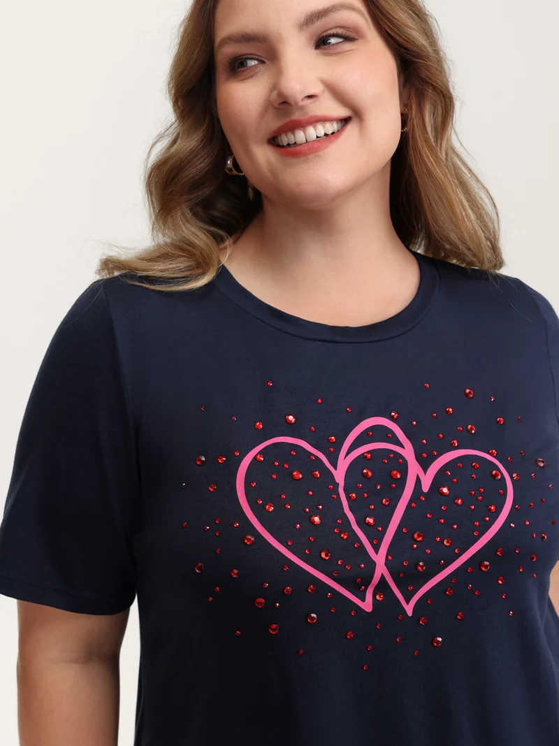 Heart Rhinestone Print Bowknot T-Shirt