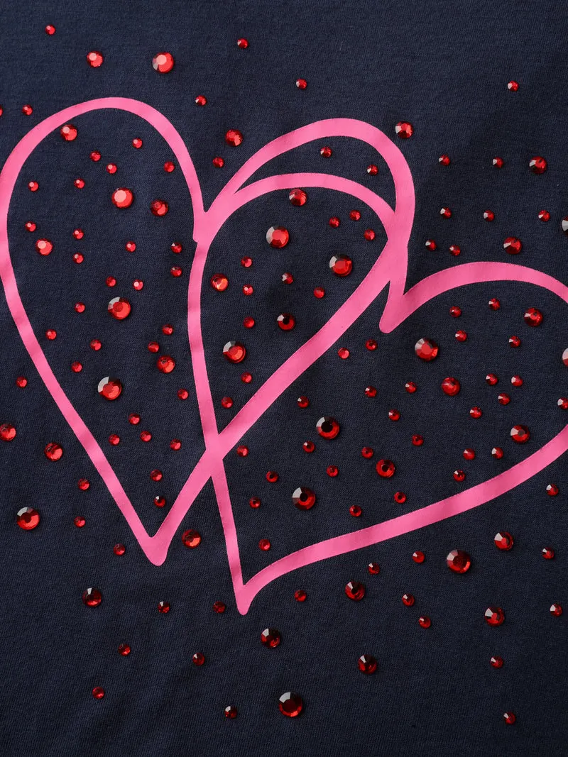 Heart Rhinestone Print Bowknot T-Shirt