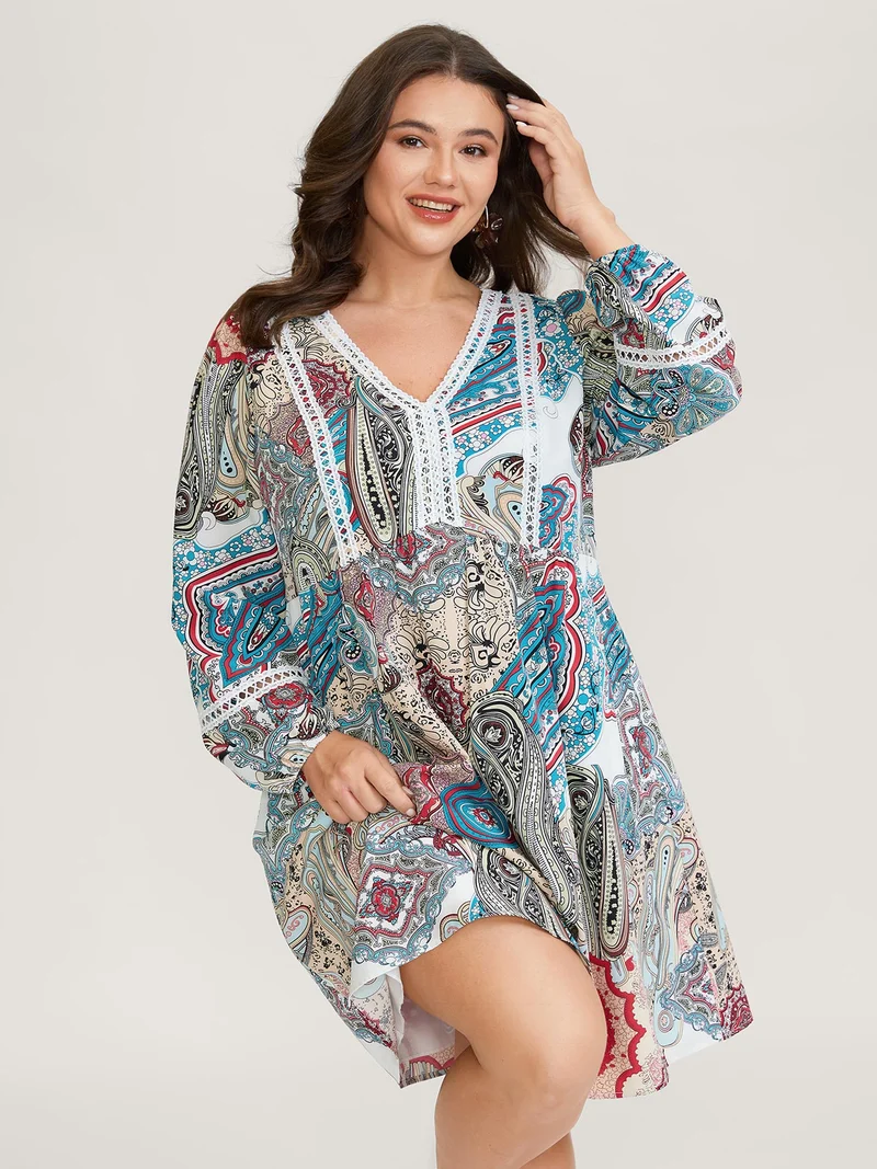 Paisley Print Lace Trim Midi Dress