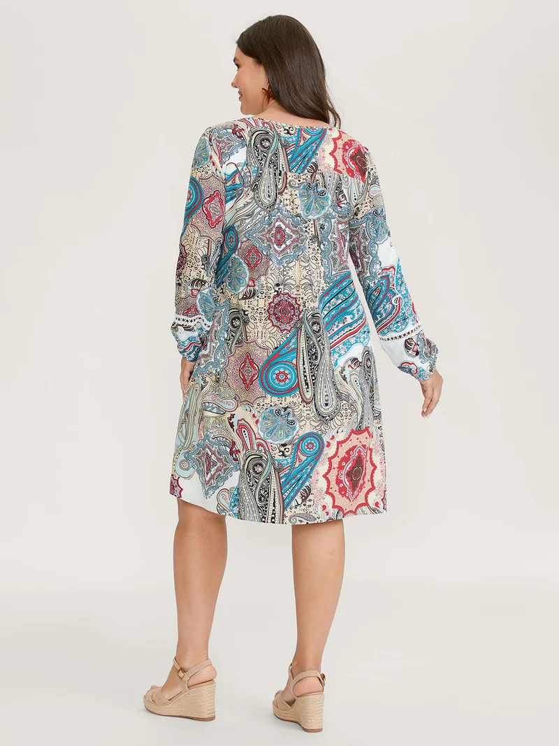 Paisley Print Lace Trim Midi Dress