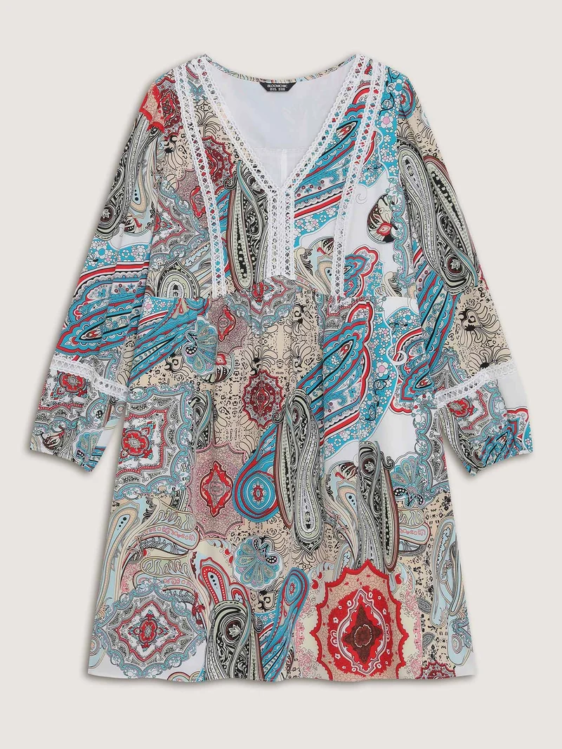 Paisley Print Lace Trim Midi Dress