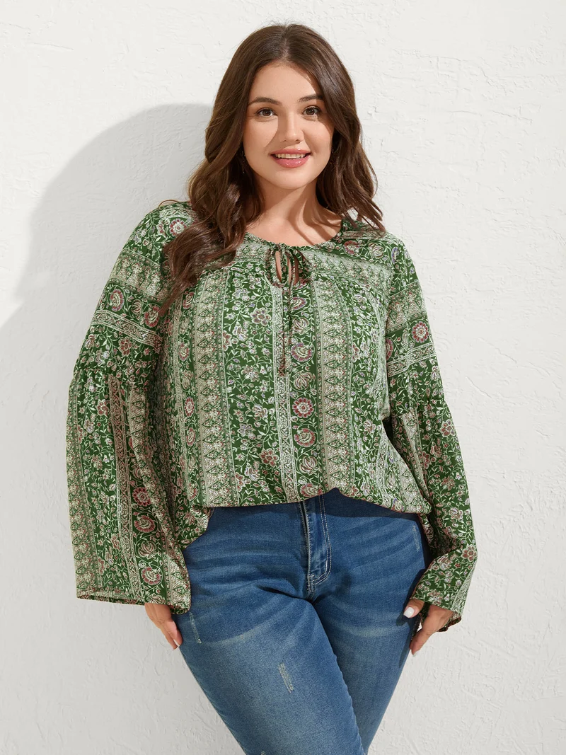 Chiffon Floral Sheer Print Neck-Tie Blouse