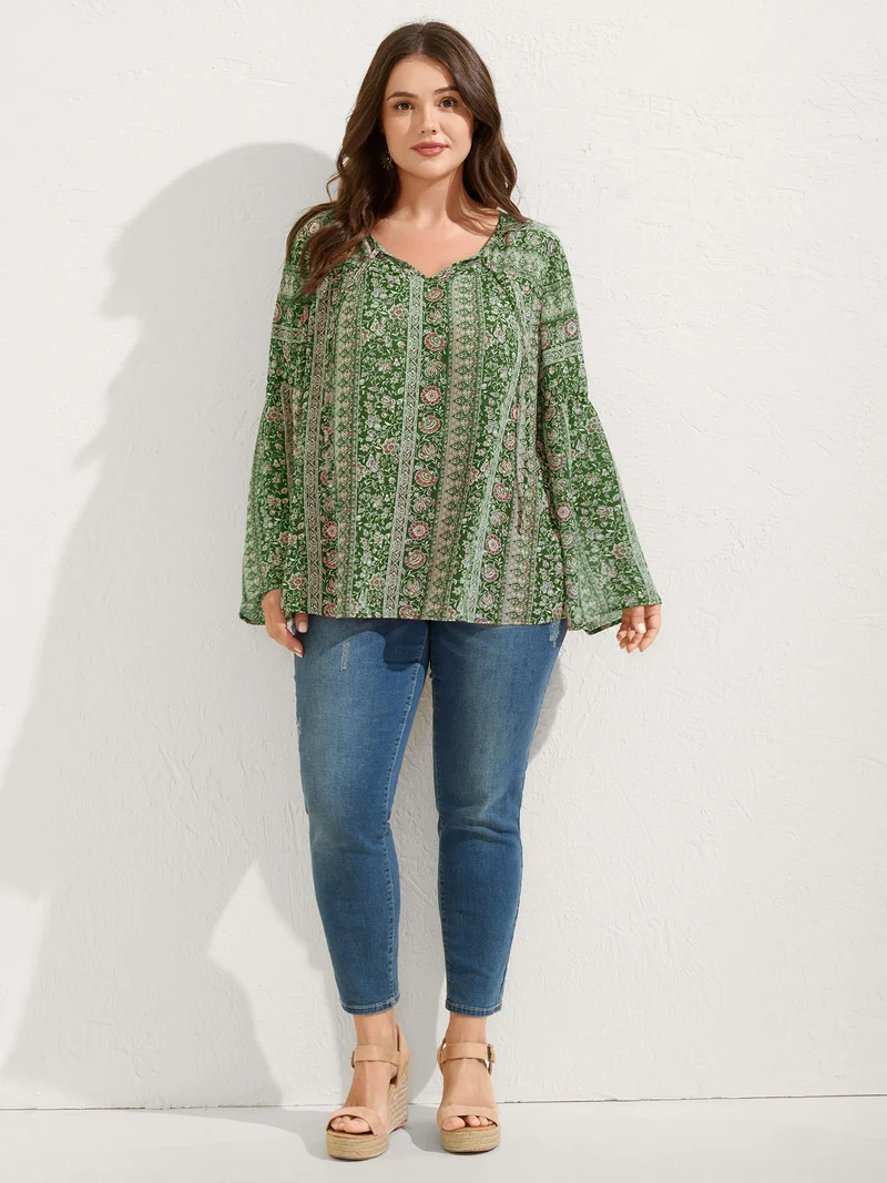 Chiffon Floral Sheer Print Neck-Tie Blouse