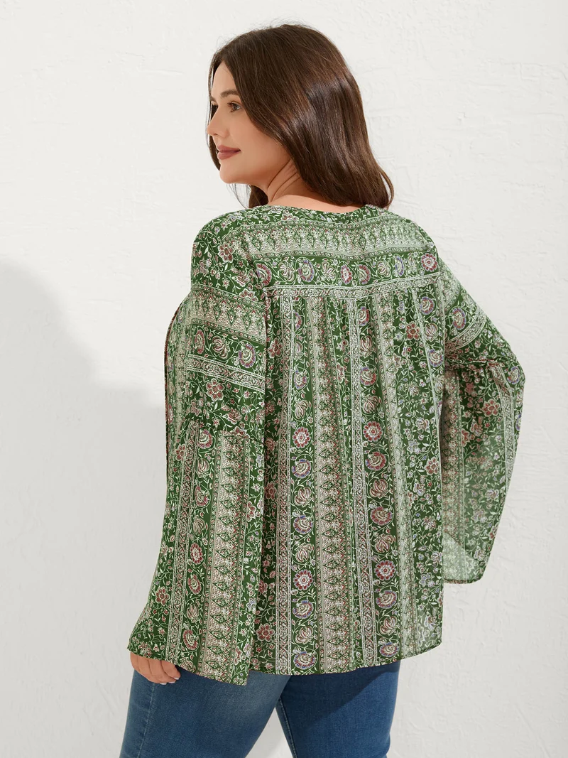 Chiffon Floral Sheer Print Neck-Tie Blouse