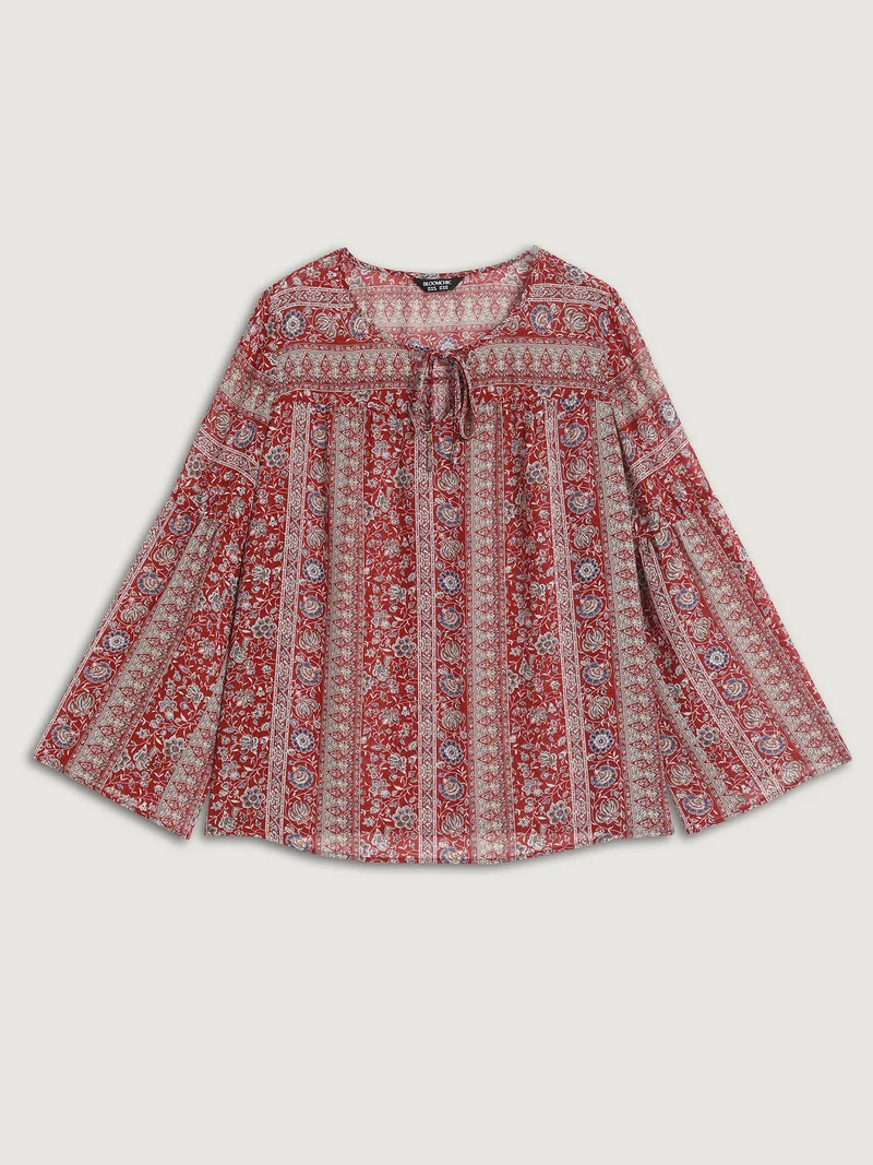 Chiffon Floral Sheer Print Neck-Tie Blouse