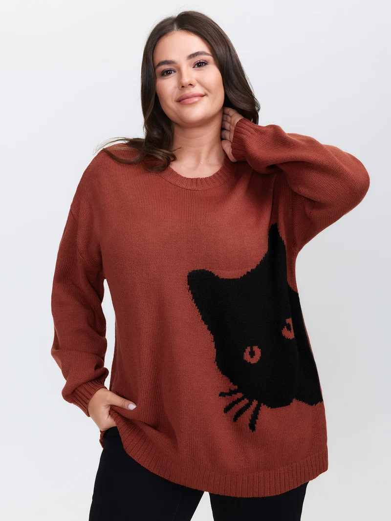 Night Cat Print Crew Neck Pullover