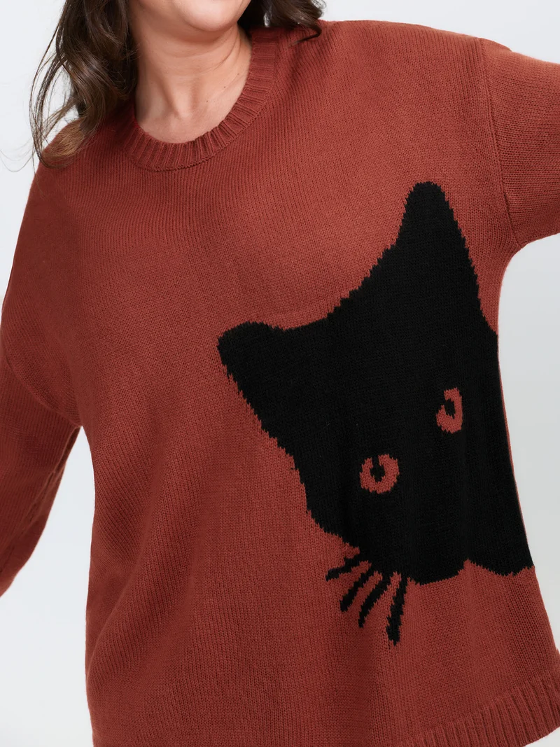Night Cat Print Crew Neck Pullover