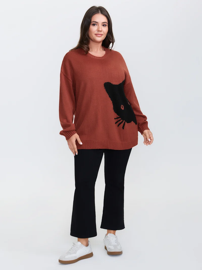 Night Cat Print Crew Neck Pullover