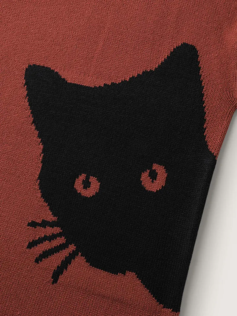 Night Cat Print Crew Neck Pullover