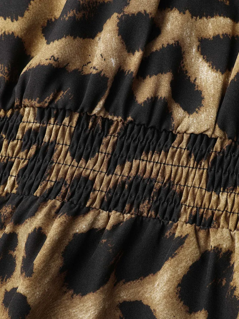Leopard Print Shirred Waist Blouse