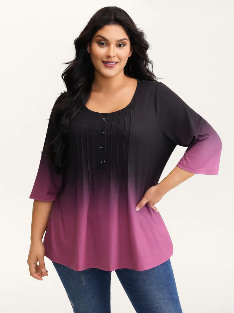Color Gradient Pleated Button T-Shirt