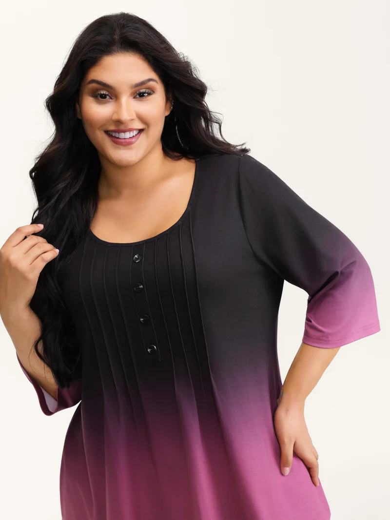 Color Gradient Pleated Button T-Shirt