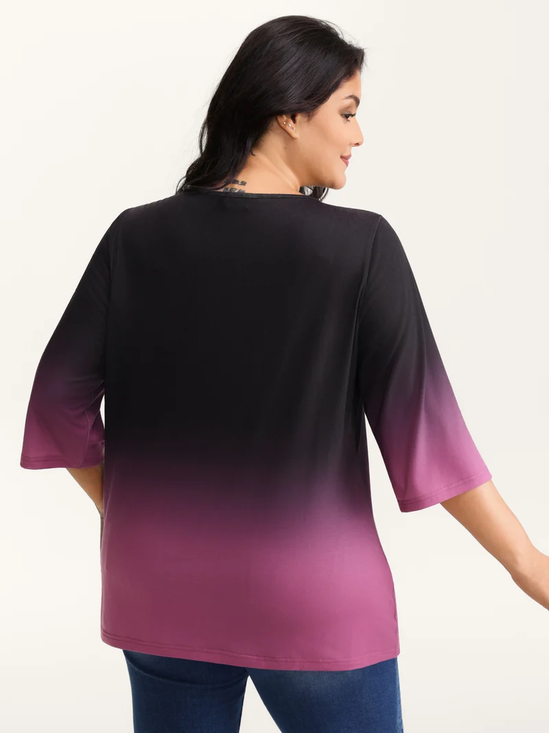 Color Gradient Pleated Button T-Shirt