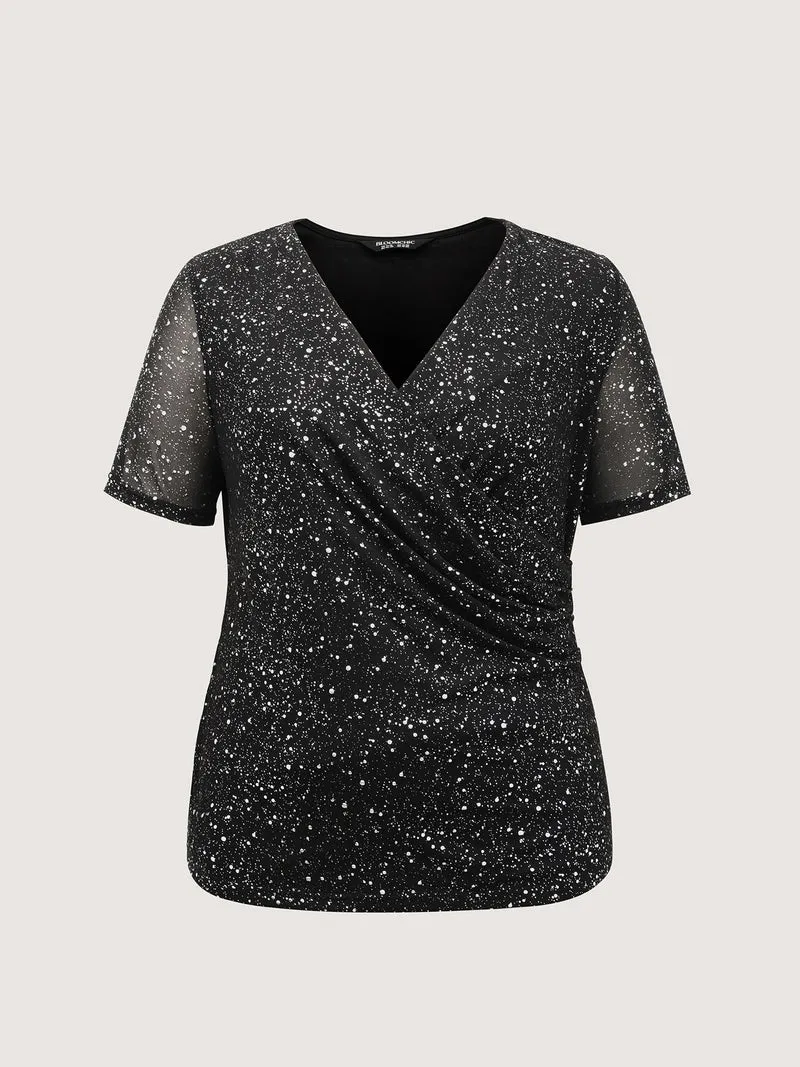 Shimmery Gold Stamped Sheer Sleeve T-Shirt