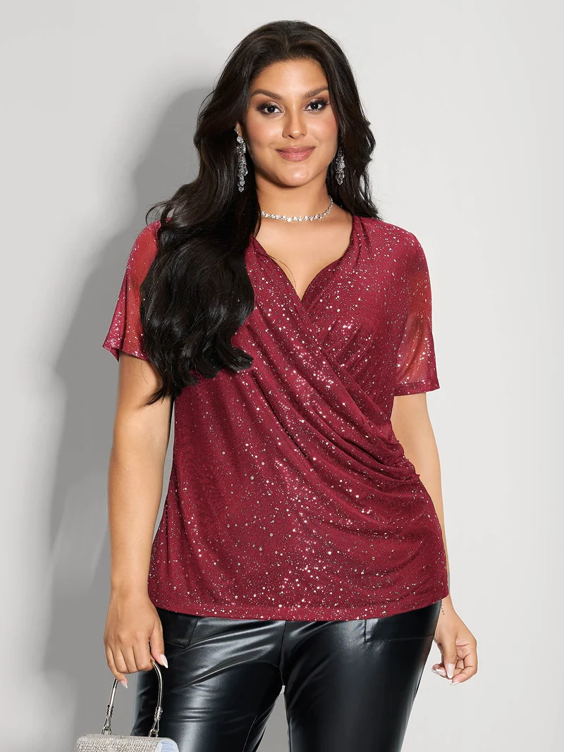 Shimmery Gold Stamped Sheer Sleeve T-Shirt