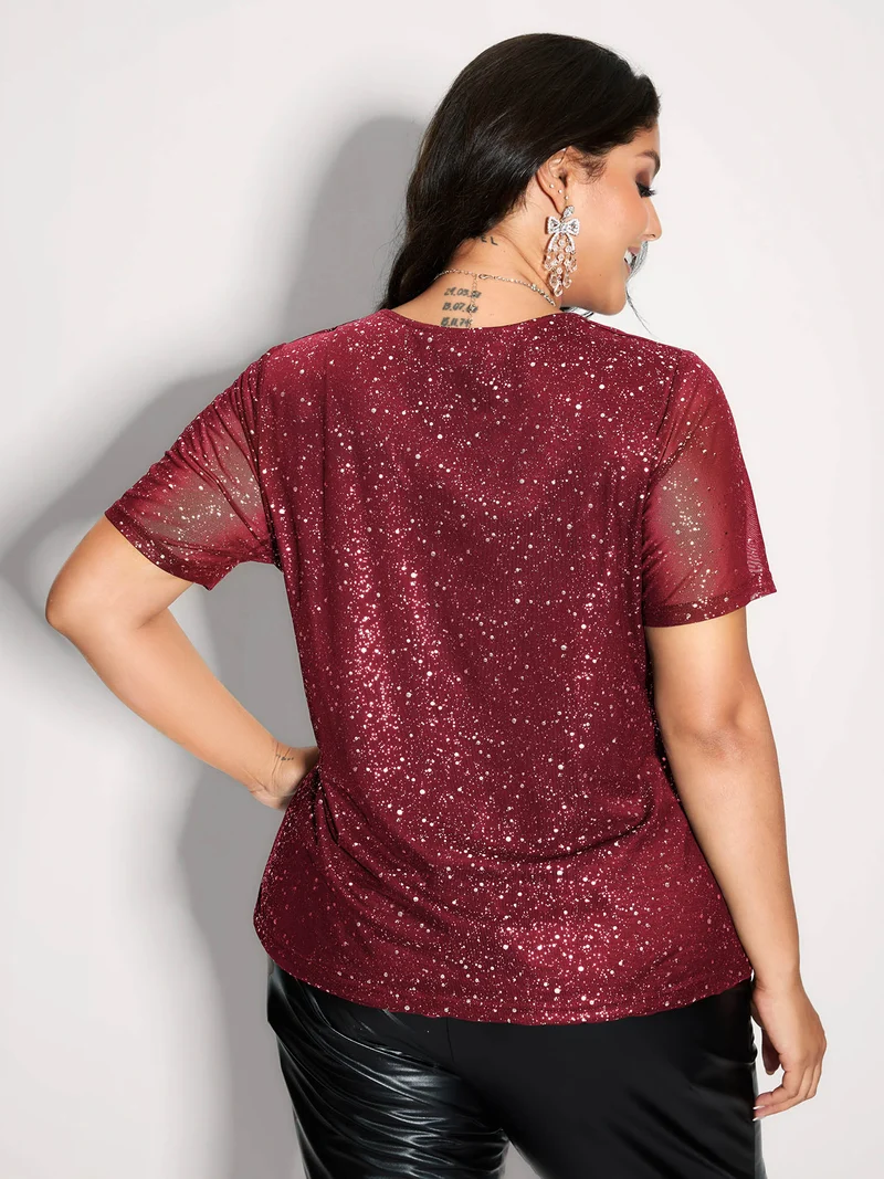 Shimmery Gold Stamped Sheer Sleeve T-Shirt