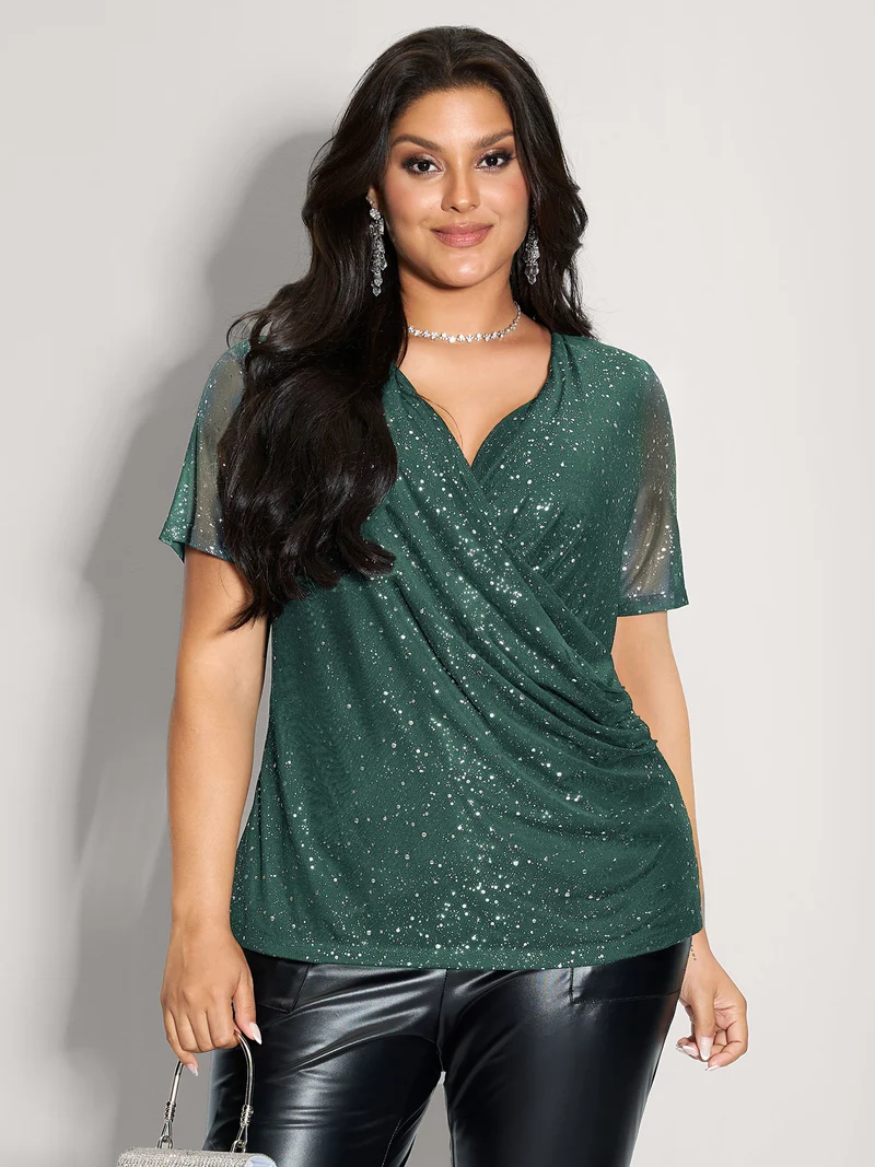 Shimmery Gold Stamped Sheer Sleeve T-Shirt