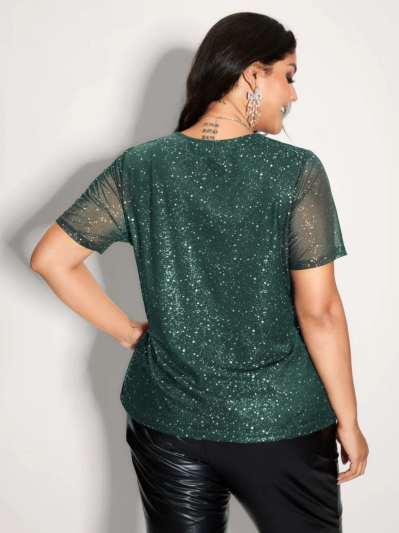 Shimmery Gold Stamped Sheer Sleeve T-Shirt