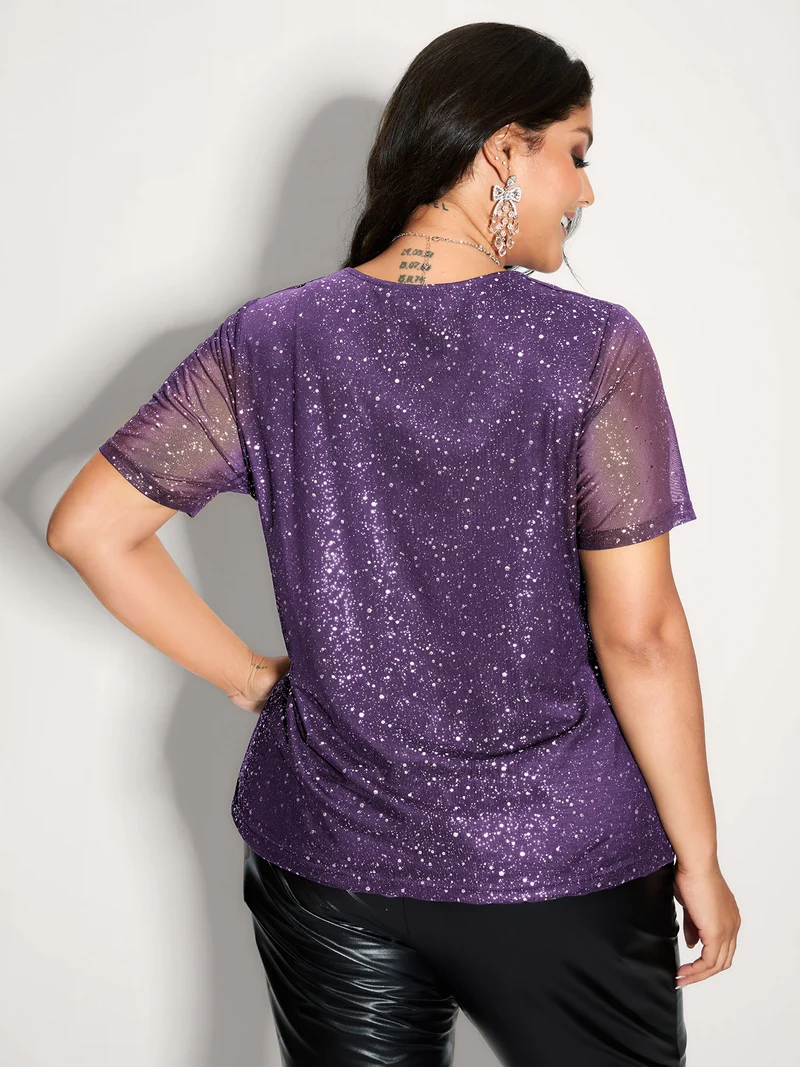 Shimmery Gold Stamped Sheer Sleeve T-Shirt