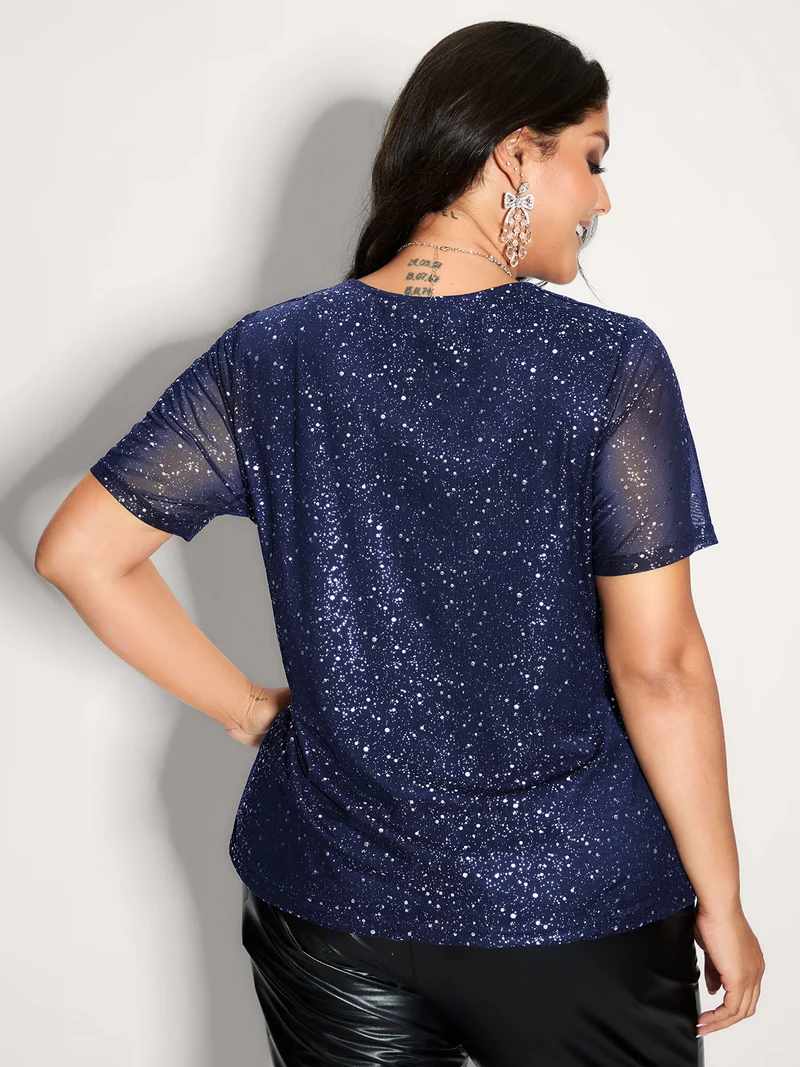 Shimmery Gold Stamped Sheer Sleeve T-Shirt