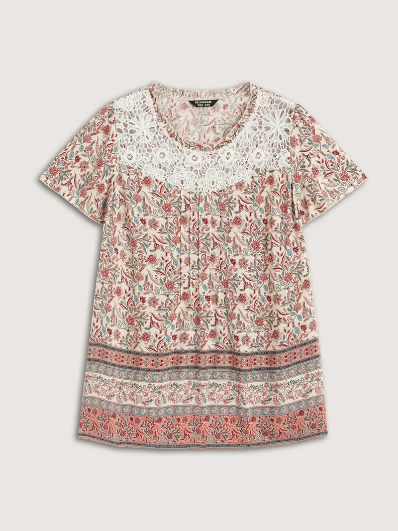Sheer Lace Ruffled Neck Floral Blouse