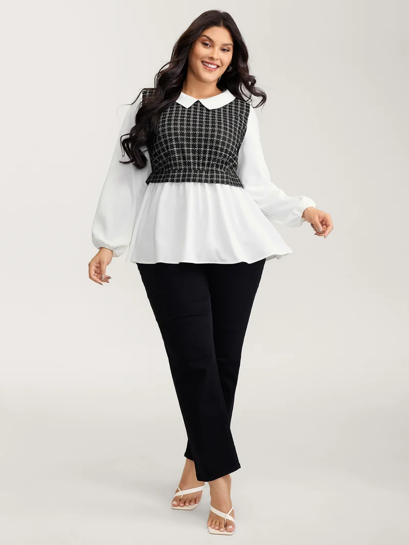 Houndstooth Pattern Color Contrast Blouse