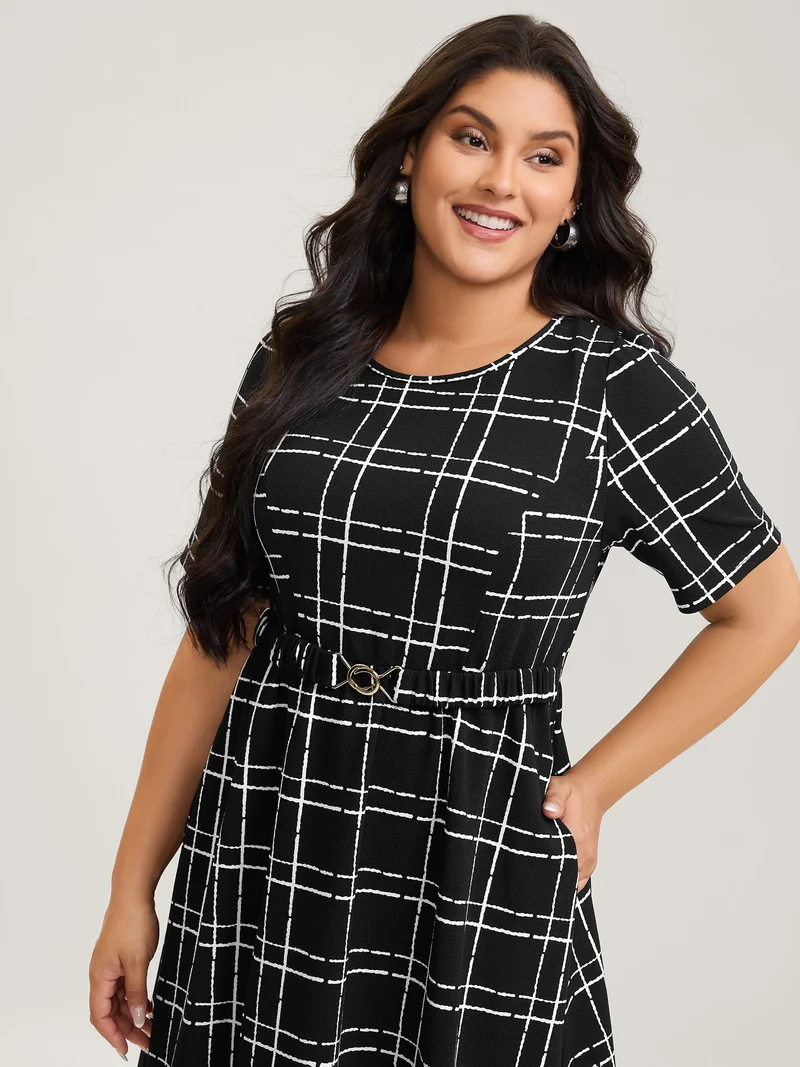 Grid Print Knit Belted Maxi Dress