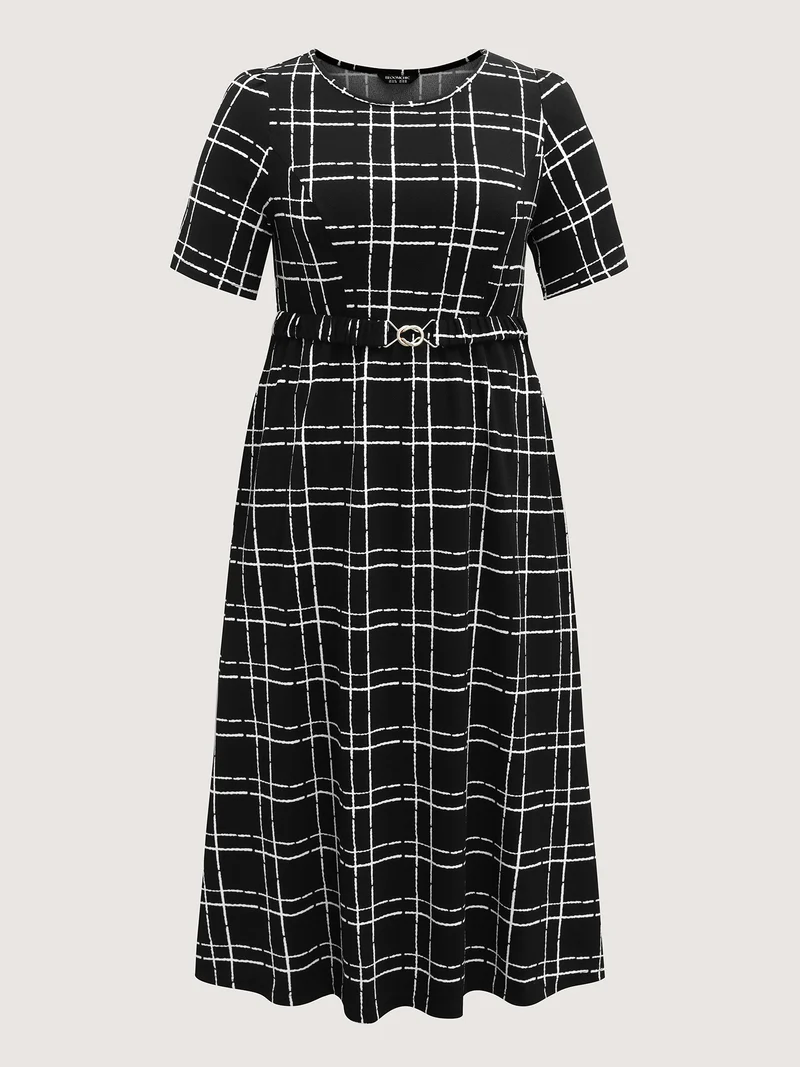 Grid Print Knit Belted Maxi Dress