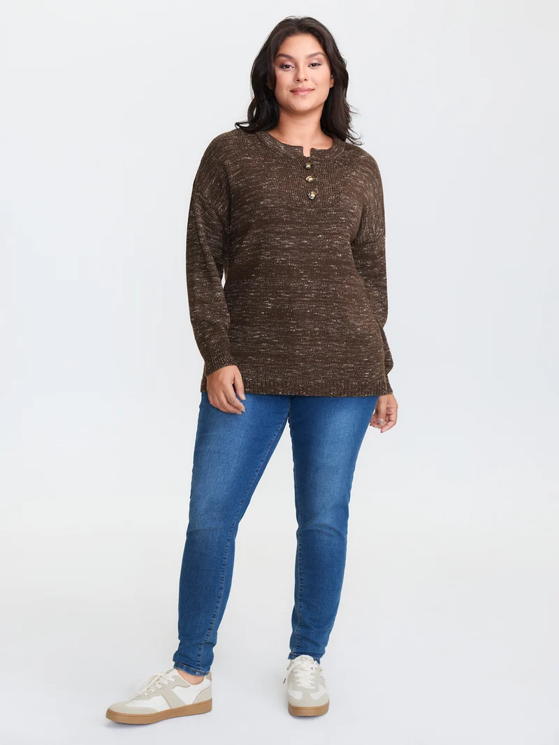 Heather Textured Button Neck Pullover