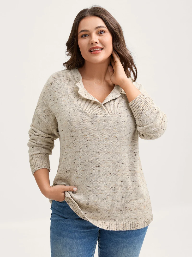 Heather Textured Button Neck Pullover